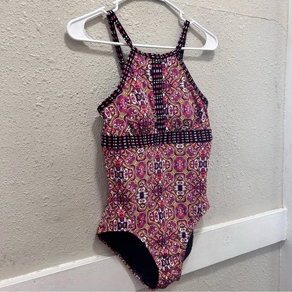 Lands' End High Neck Pink Colorful Printed One Piece Swimsuit Size 2 - Picture 4 of 8